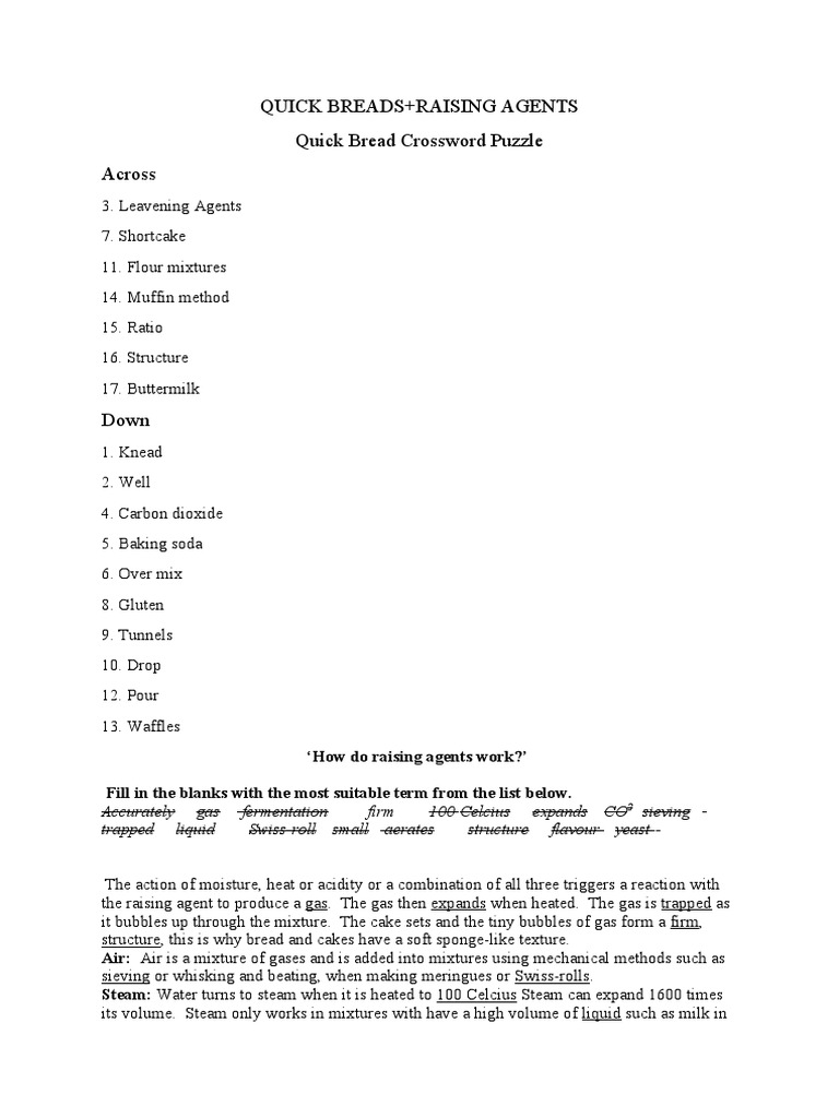 Quick Breads+Raising Agents Quick Bread Crossword Puzzle Across PDF