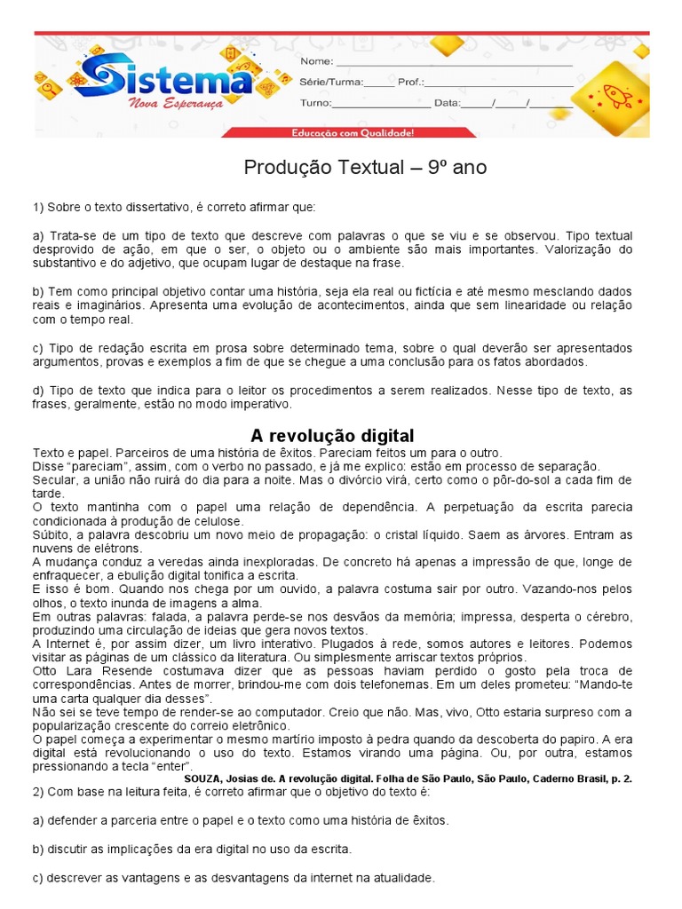 Produção Textual - 9º Ano | PDF | Argumento