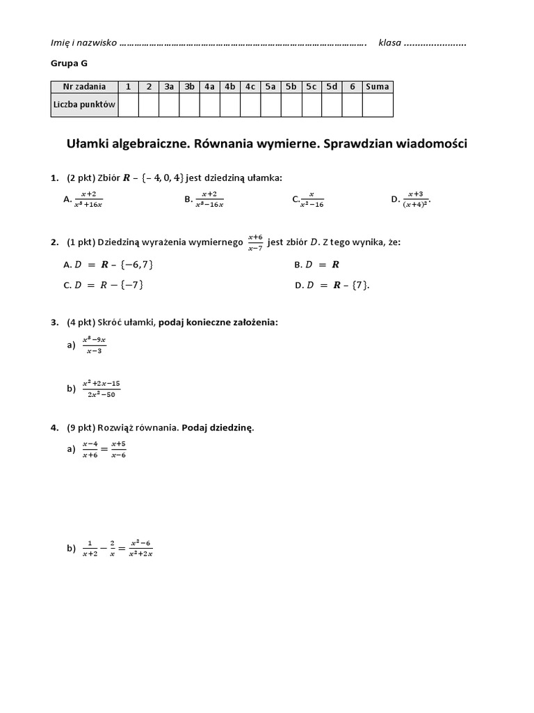 Wyrażenia Algebraiczne I Równania Klasa 8 Sprawdzian Ułamki Algebraiczne. Równania Wymierne. Sprawdzian Wiadomości | PDF
