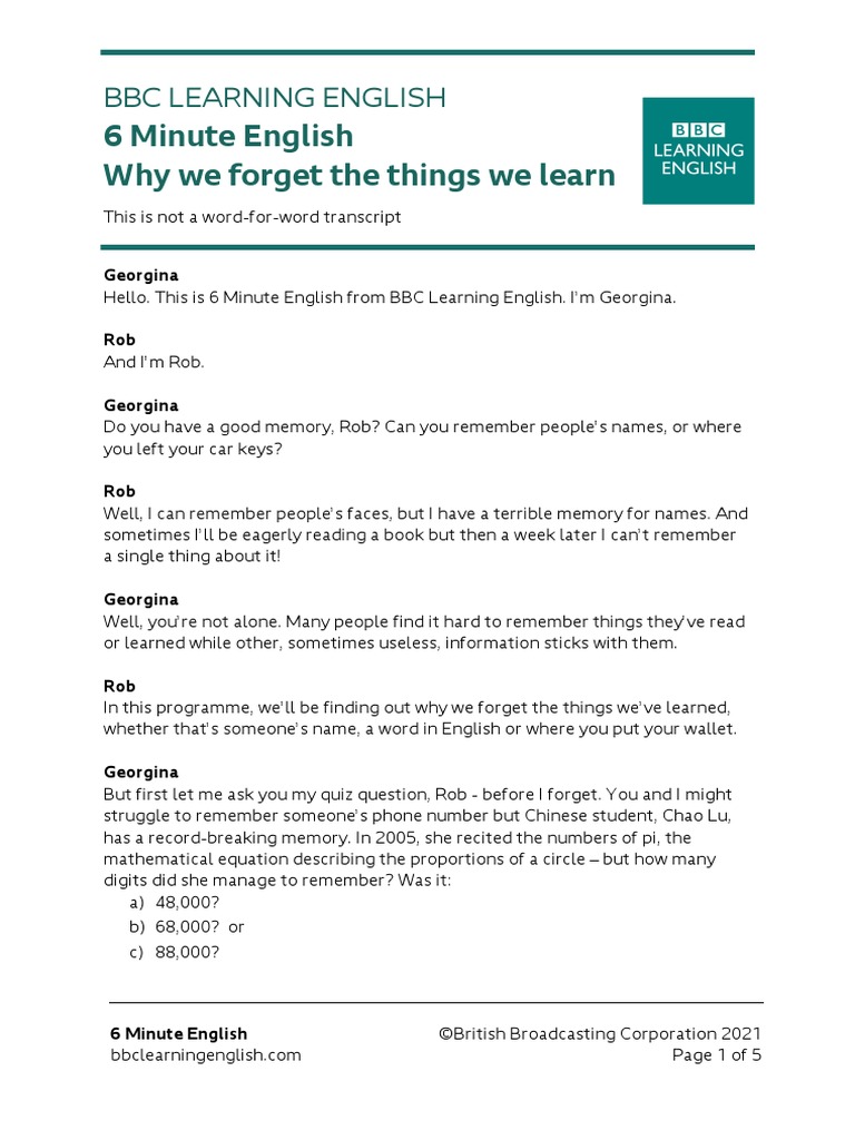 6 Minute English Why We Forget The Things We Learn | PDF | Memory ...