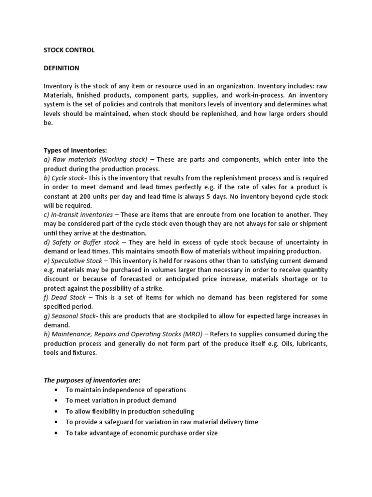 Stock Control Notesand Stock Taking Pdf Inventory Supply Economics