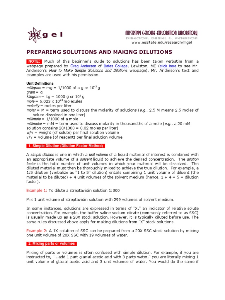 How To Make Simple Solutions and Dilutions Unit Definitions PDF Concentration Molar