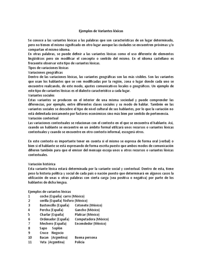 Ejemplos de Variantes Léxicas | PDF | Alimentos | Cocina
