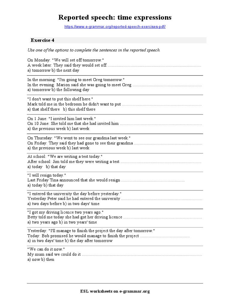 Reported Speech Time Expressions Exercise 4 PDF