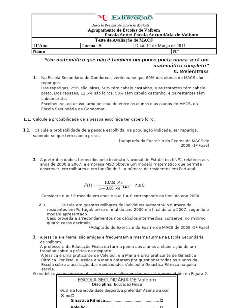 TEste Macs 11º B | PDF | Ginástica | Ensino médio