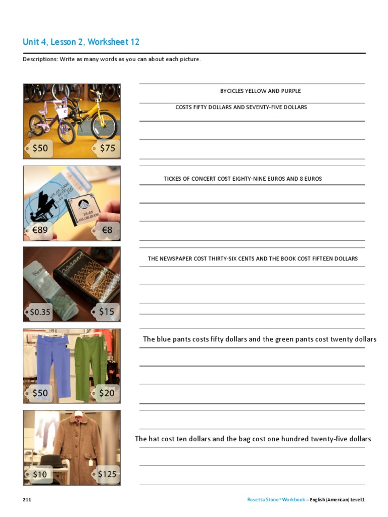 Unit 4, Lesson 2, Worksheet 12 The Blue Pants Costs Fifty Dollars and