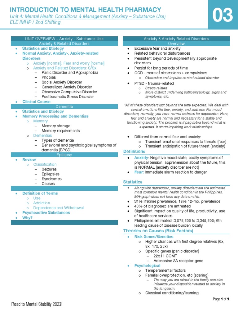 Unit 4: Mental Health Conditions & Management (Anxiety - Substance Use ...