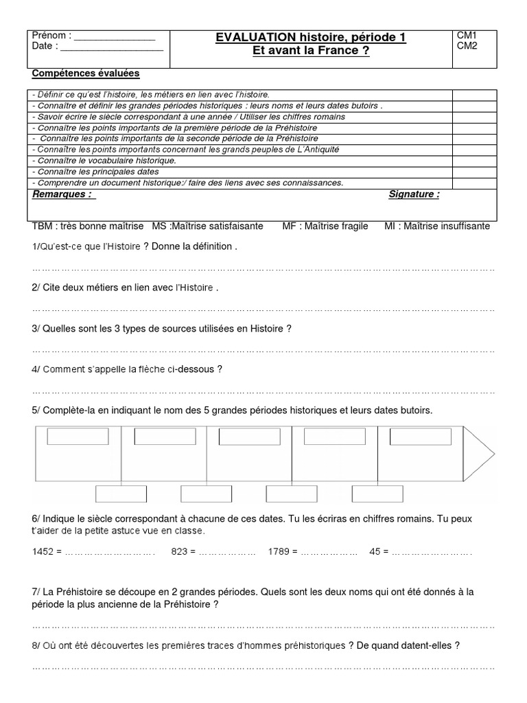 évaluation Histoire Cm1 Période 1