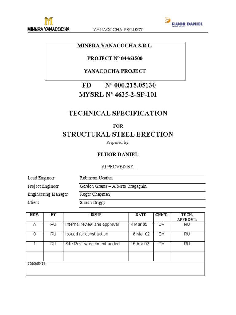 Yanacocha Structural Steel Erection Spec | PDF | Welding | Construction