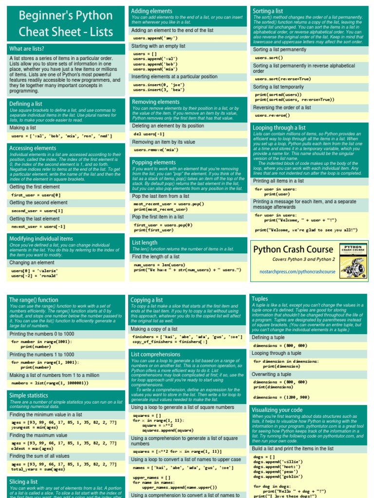 Beginners Python Cheat Sheet PCC Lists | PDF | Control Flow | Function ...