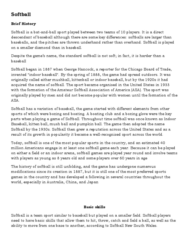 Softball Brief History PDF Baseball Field Softball