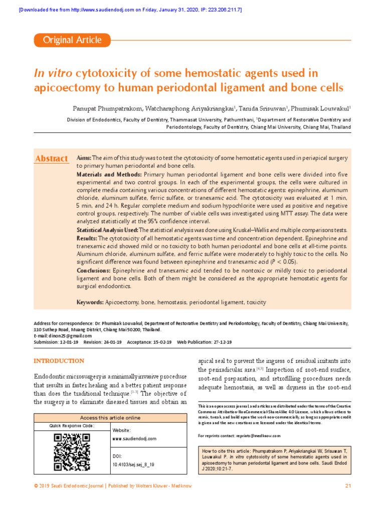 In Vitro Cytotoxicity of Some Hemostatic Agents Used in Apicoectomy To Human Periodontal
