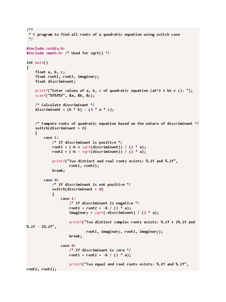 C Program To Find All Roots of A Quadratic Equation Using Switch Case PDF