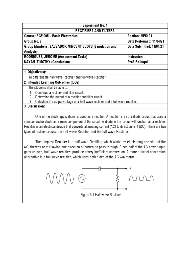 Group 6 Rectifiers and Filters EXP 4 ECE005 ME51S1 PDF Rectifier