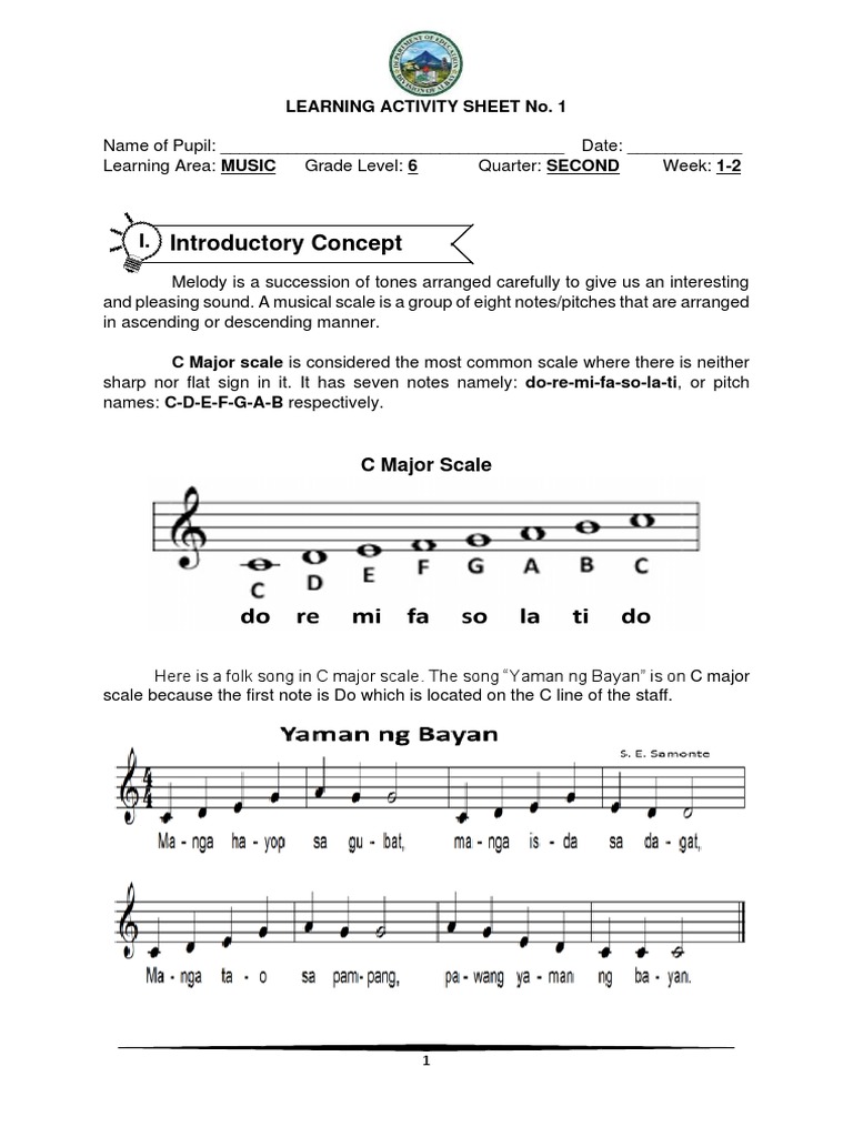 Introductory Concept: Learning Activity Sheet No. 1 | PDF | Scale (Music) |  Songs