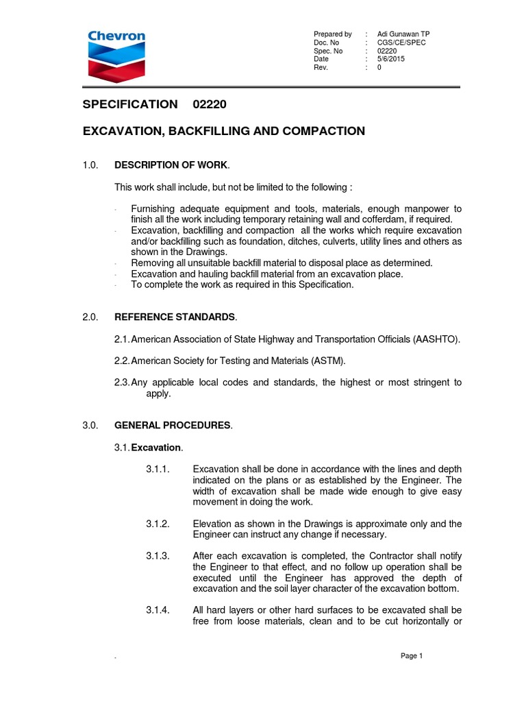 Specification 02220 Excavation, Backfilling and Compaction | PDF ...