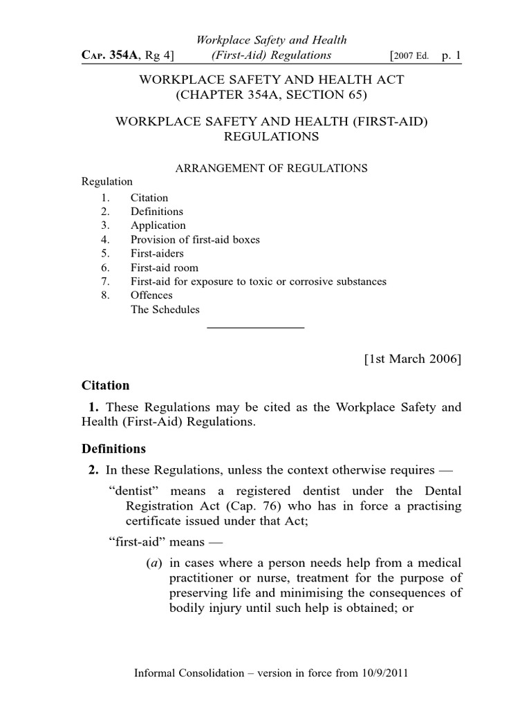 Workplace Safety and Health (FirstAid) Regulation PDF First Aid