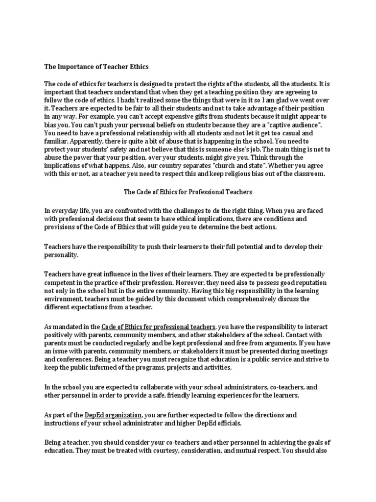 The Importance of Teacher Ethics | PDF | Teachers | Cognition