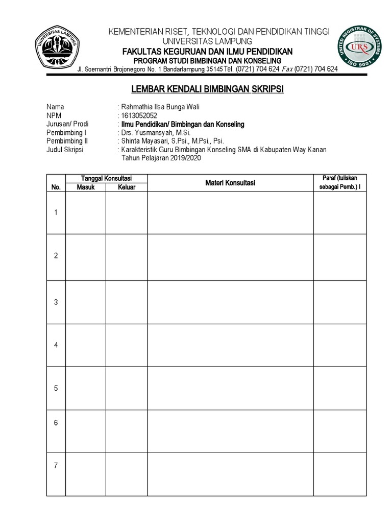 Lembar Kendali Bimbingan Skripsi | PDF