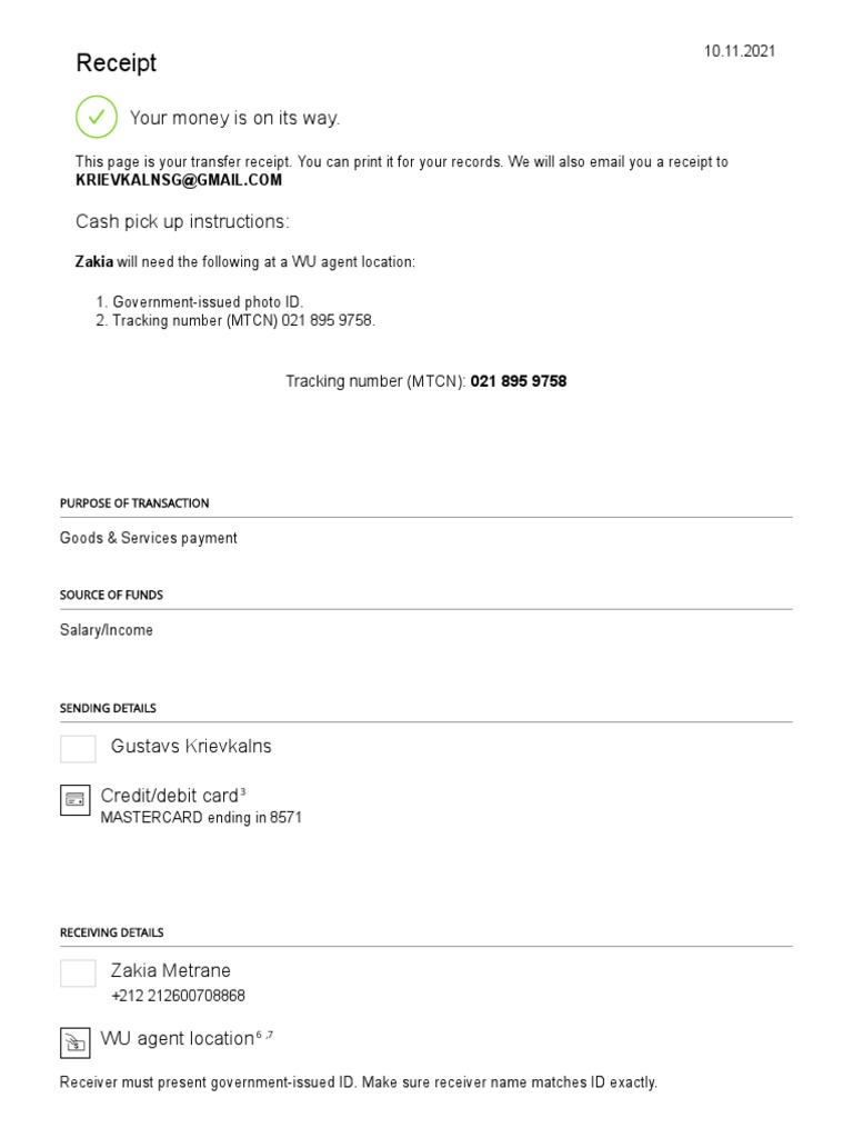 Receipt Western Union PDF Western Union Financial Transaction