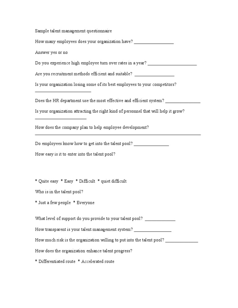 Sample Talent Management Questionnaire Pdf Talent Management Business