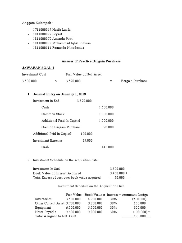 Answer of Practice Bargain Purchase Jawaban Soal 1 PDF Book Value