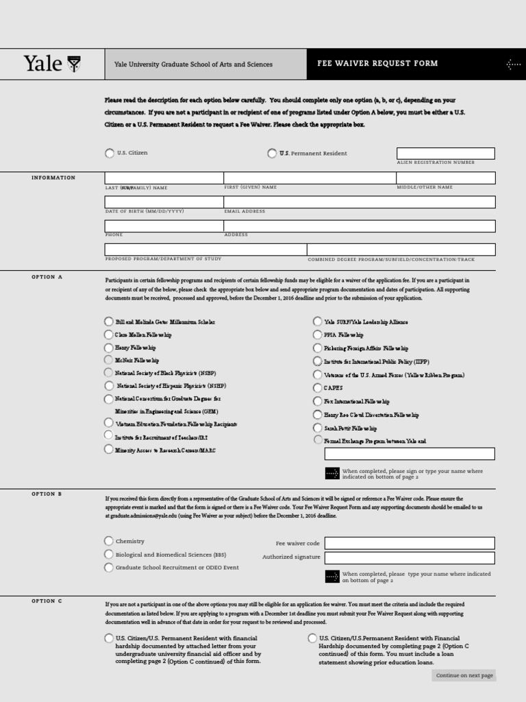 Yale Graduate Admissions Fee Waiver Request Form 2021 PDF