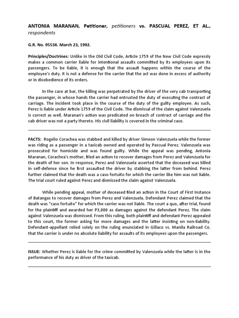 28 Maranan vs. Perez | PDF | Legal Liability | Common Carrier
