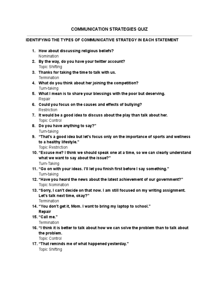 Communication Strategies Quiz PDF