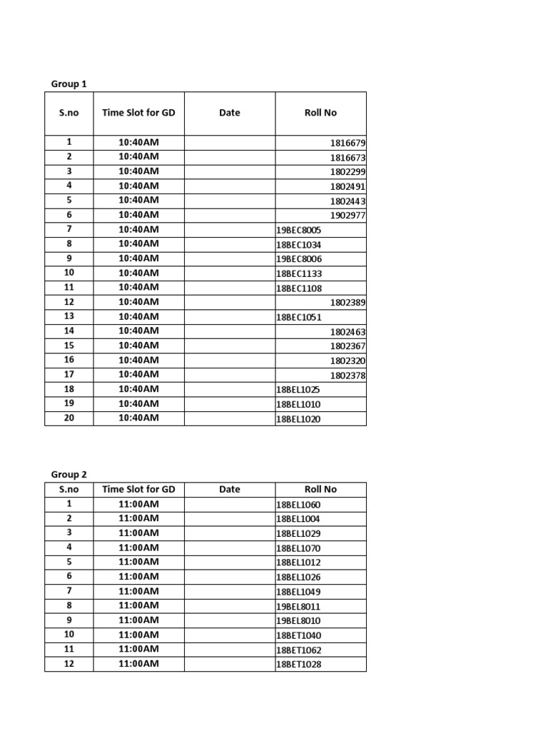 20th Nov GD Format Slots | PDF