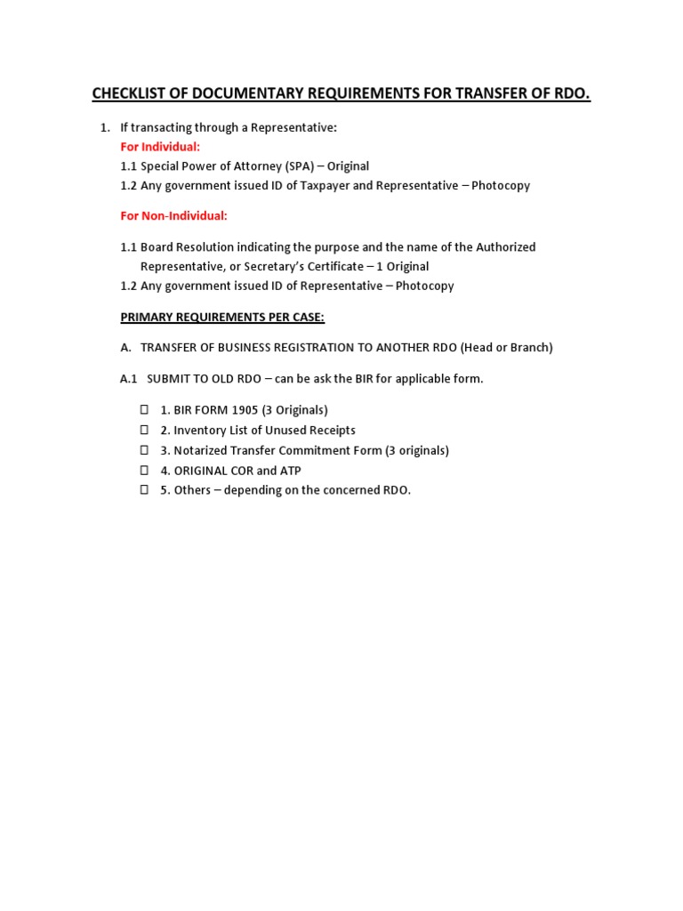 RDO Transfer Requirements Checklist | PDF