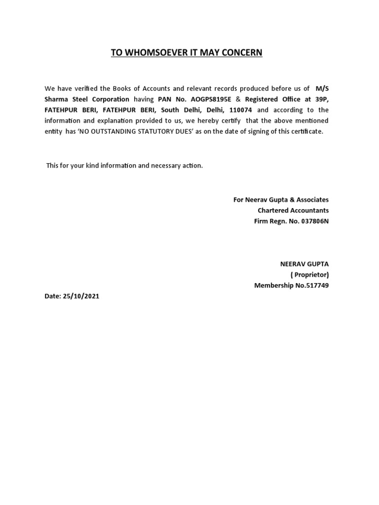 No Statutory Due Outstanding Certificate PDF