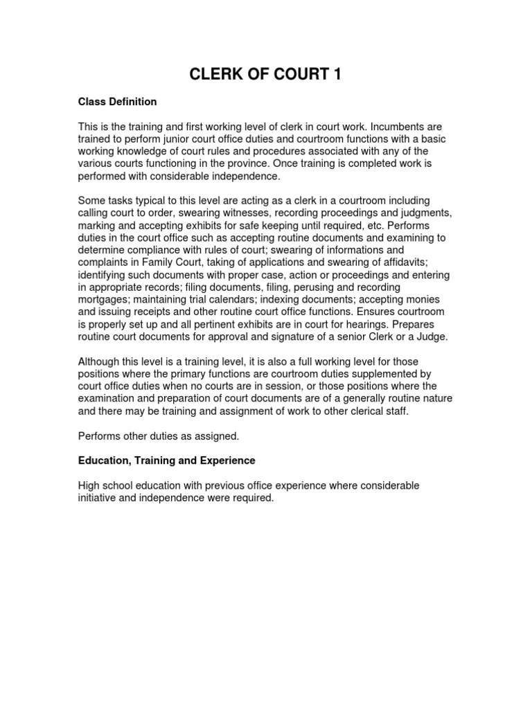 Clerk of Court 1: Class Definition PDF Law Clerk Judgment (Law)