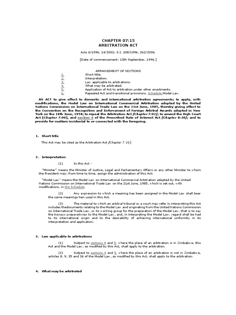 Zimbabwe Arbitration Act Overview | PDF | Arbitral Tribunal | Arbitration