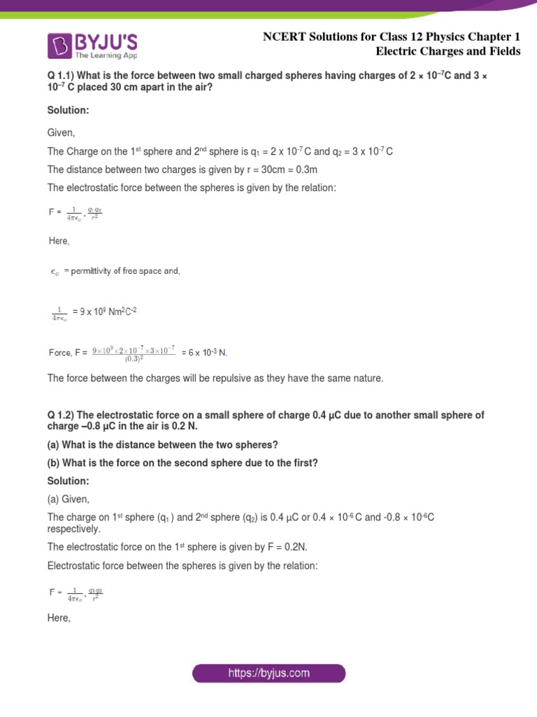 NCERT Solutions For Class 12 Physics Chapter 1 Electric Charges and ...