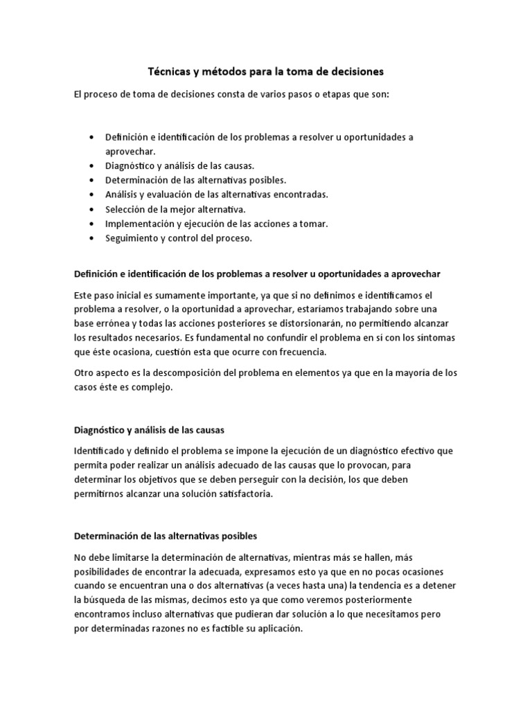 Métodos y técnicas para decisiones efectivas | PDF | Toma de decisiones ...