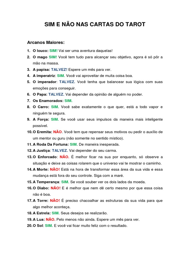 Sim ou não nas cartas do tarot: uma análise das respostas possíveis ...
