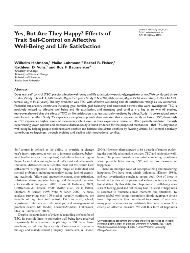 Yes, But Are They Happy? Effects of Trait Self-Control On Affective ...
