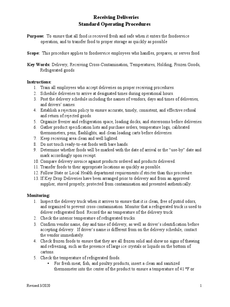 Receiving Deliveries SOP | PDF | Delivery (Commerce) | Foods