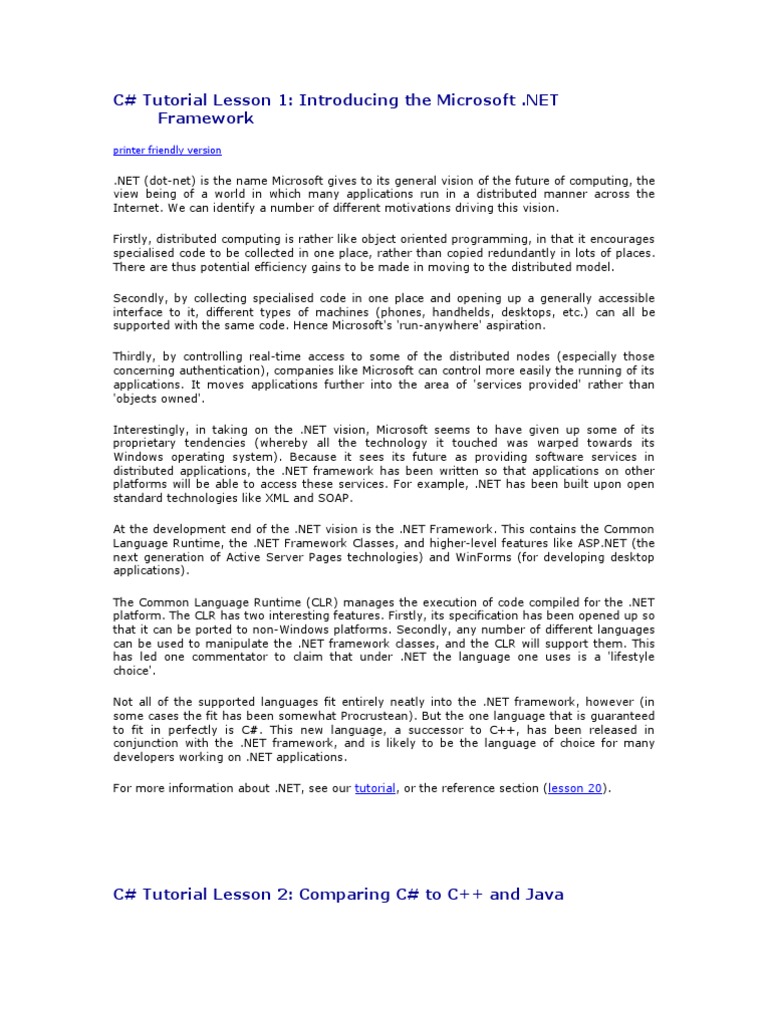 Framework: Printer Friendly Version | PDF | C Sharp (Programming ...