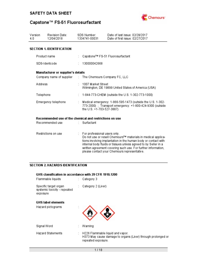 Capstone™ FS-51 Fluorosurfactant: Safety Data Sheet | PDF | Personal ...