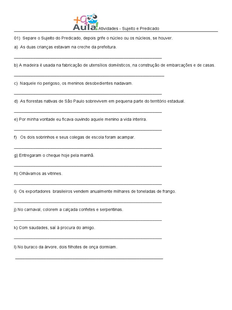 Atividades Sobre Sujeito e Predicado 7 Ano | PDF | Assunto (gramática ...