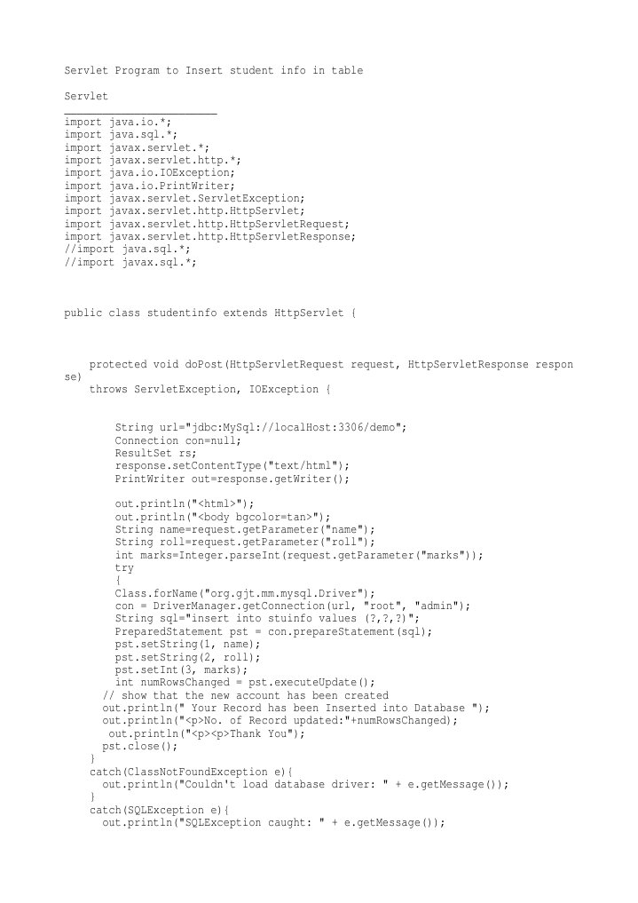 Insert Student Info via Servlet | PDF | Java Servlet | Business Software