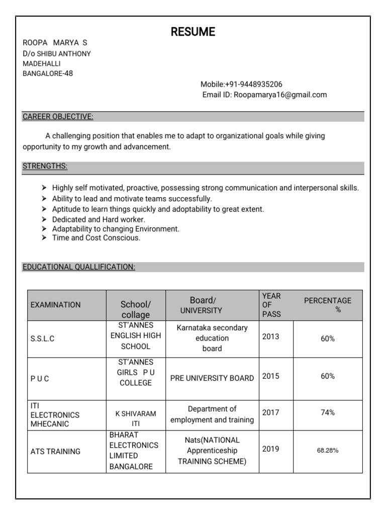 Roopa Marya's Engineering Resume | PDF