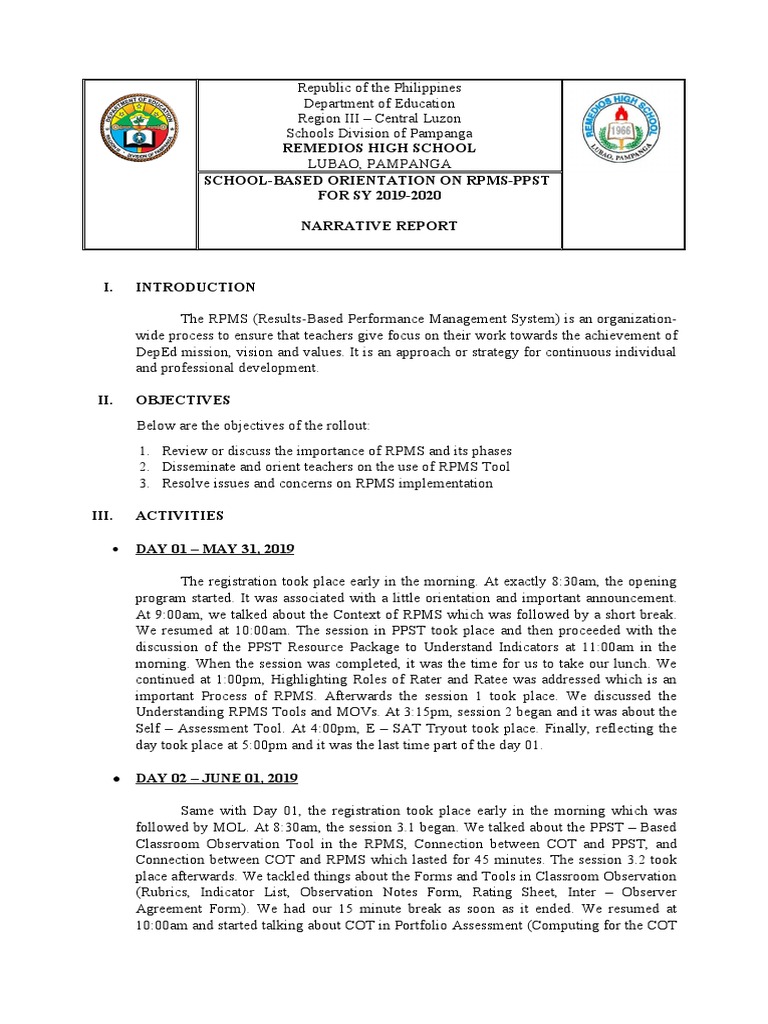 RPMS-PPST Orientation Report 2019-2020 | PDF | Communication | Learning
