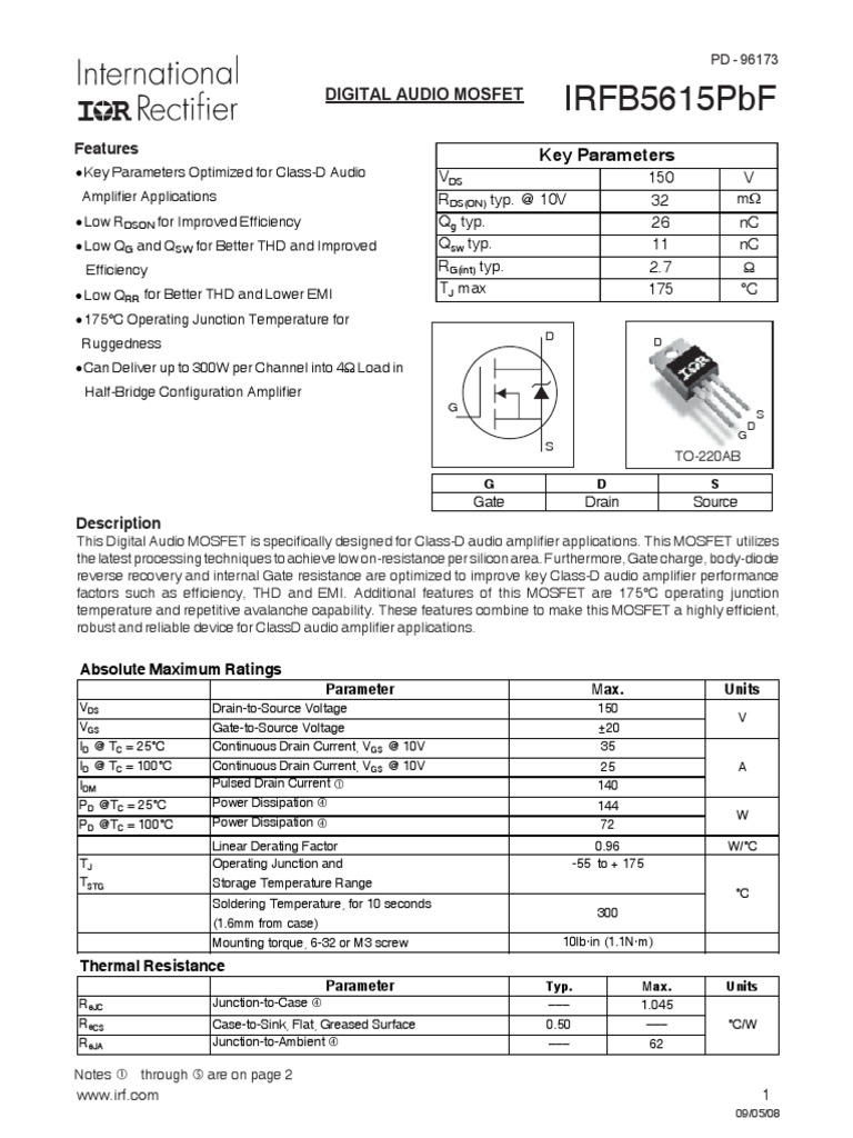 Transistor MOSFET IRFB5615PBF 150V 35A 144W TO220AB – INFINEON Ricondizionato