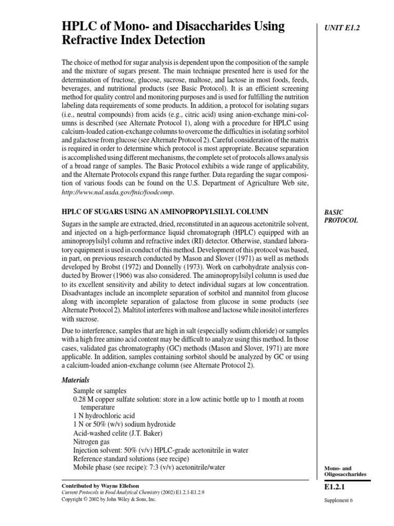 Unit E1.2 HPLC of Mono and Disaccharides Using Refractive Index