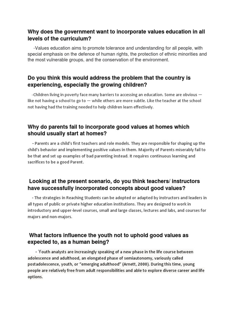 Importance of Values Education in Schools | PDF | Career & Growth ...