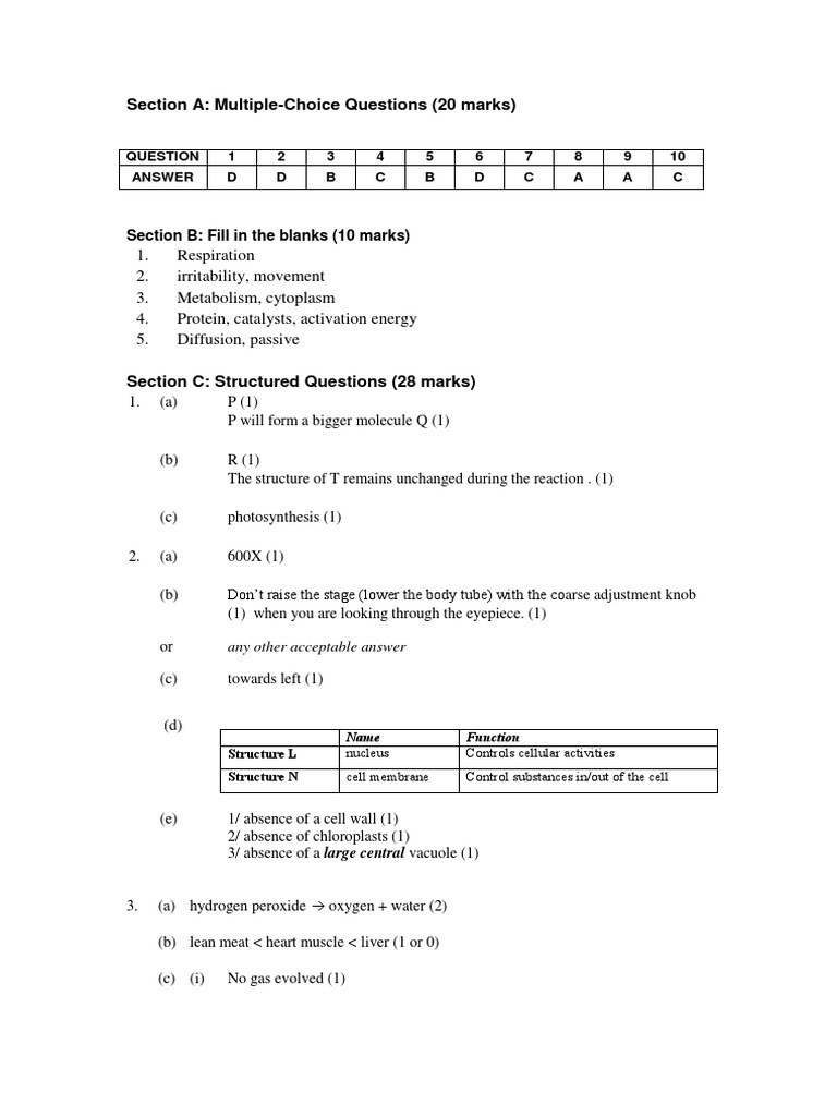 Biology Exam: Multiple Choice & Answers | PDF | Osmosis | Biology