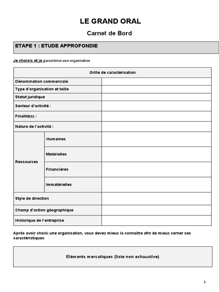 Tableau De Caracterisation Management Carnet de Bord Grand Oral STMG | PDF